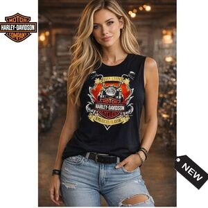 Harley-Davidson Women's Black and Orange Muscle Tee outlined with gems
